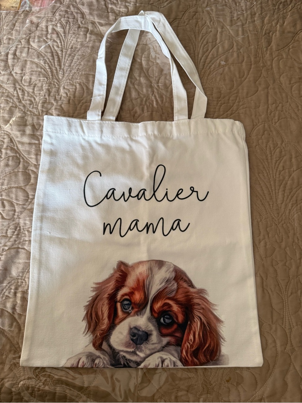 Cavalier Mama White Tote Bag with Cavalier King Charles Artwork